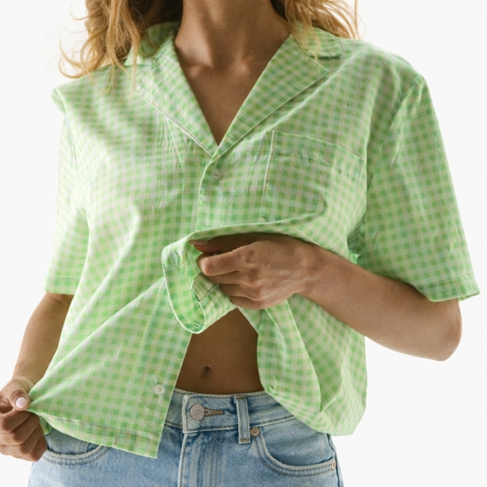 Linen Blend Green Gingham Check Top Country Picnic Buttonup Small DUVIN